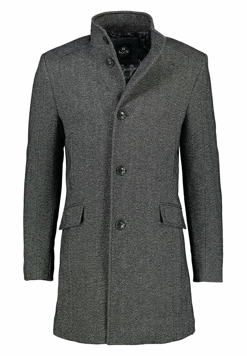 Abrigo de lana de espiga gris oscuro para hombre con cuello alto, cuatro botones frontales y dos bolsillos con solapa.