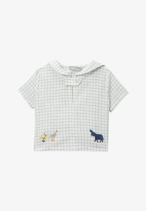 Chemise courte blanche pour tout-petit avec motif à carreaux gris, col marin, devant boutonné et poussins jaunes brodés ainsi qu'un âne bleu.