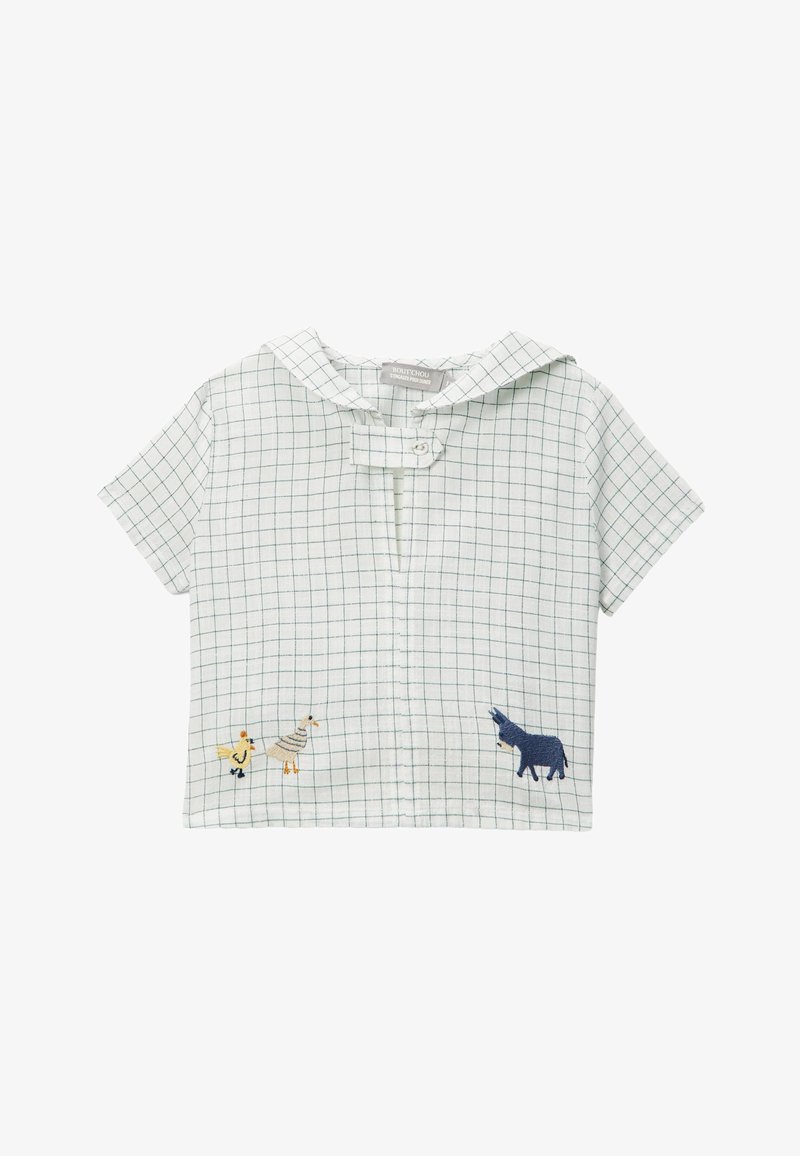 Chemise courte blanche pour tout-petit avec motif à carreaux gris, col marin, devant boutonné et poussins jaunes brodés ainsi qu'un âne bleu.