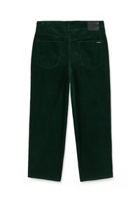 Groene corduroy broek met een rechte pijp, zichtbare textuur, achterzakken en een leren taillebandpatch.