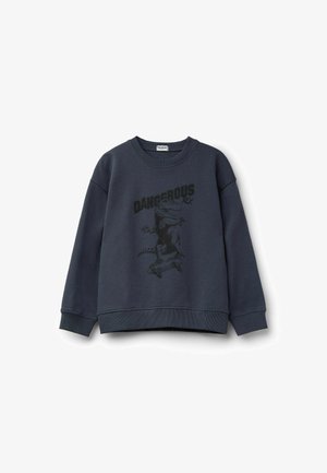 Ciemnoniebieskie bluzy z ribbami przy mankietach i dolnym brzegu, z czarną grafiką przedstawiającą dinozaura na deskorolce z napisem "DANGEROUS REX".