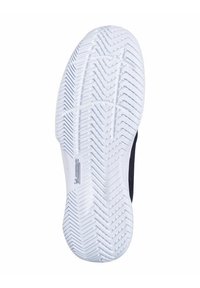 Suola in gomma bianca con motivo a zigzag, caratterizzata da una sezione superiore nera e una finitura testurizzata. Mostra il logo del marchio sul lato.