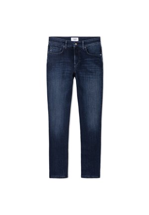 Dark blue slim-fit jeans with front and back pockets, belt loops, and a button closure on a white background.