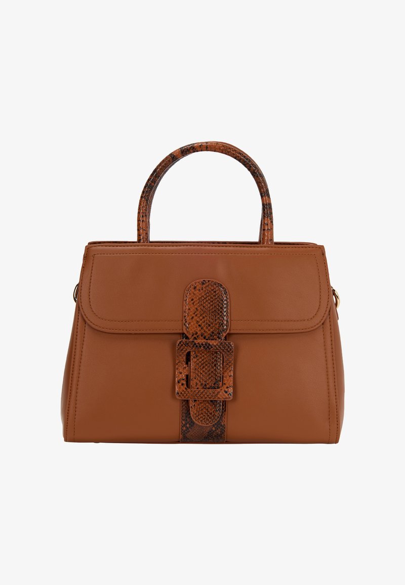 Brun læder håndtaske med en struktureret form, der har en markant tekstureret slangeskindsrem og en spændeaccent på fronten.
