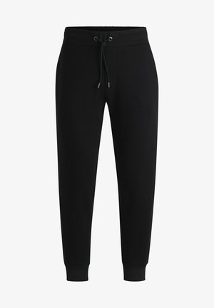 Pantaloni da jogging neri realizzati in tessuto morbido, con vita elastica e coulisse regolabili, e polsini a coste alle caviglie.