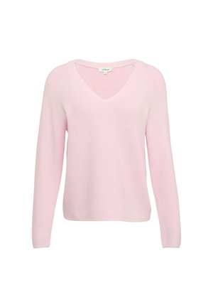 Pull en tricot rose pâle avec un col en V, des manches longues et une texture côtelée. Présente une coupe décontractée et des détails de couture subtils.