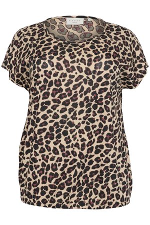 Leopardenmuster-Bluse in Beige, mit kurzen Ärmeln, einem runden Ausschnitt und einer lockeren Passform, die mit schwarzen und tiefrosa Akzenten versehen ist.