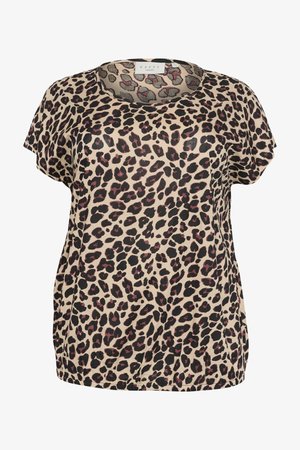 Leopard print blouse in beige, featuring short sleeves, a rounded neckline, and a loose fit with black and deep pink accents throughout.