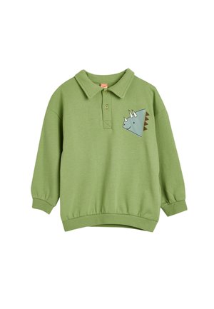 Grøn bomulds sweatshirts med krave, lange ærmer, ribbede håndled og et tegneserie-dinosaur grafik på brystet.