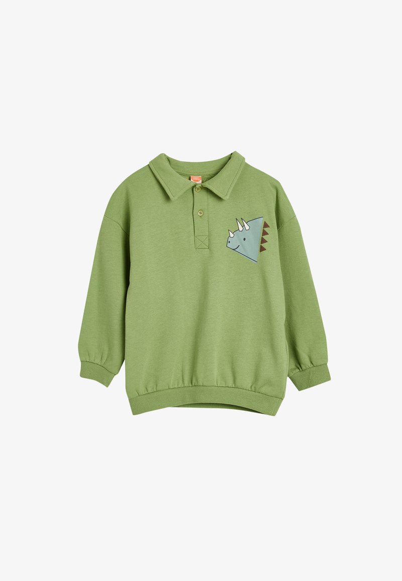 Grøn bomulds sweatshirts med krave, lange ærmer, ribbede håndled og et tegneserie-dinosaur grafik på brystet.
