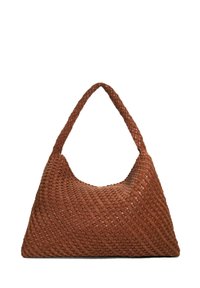 Geweven bruine leren handtas met een driehoekige vorm en een enkele, dikke handgreep. Gelaagde structuur met overlappende vlechten.