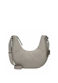 Borsa a spalla in pelle grigia con design curvo, tracolla regolabile, superficie liscia e chiusura con zip. Forma compatta e funzionale.