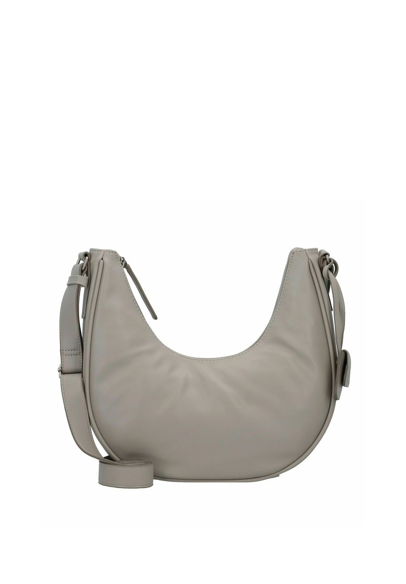 Borsa a spalla in pelle grigia con design curvo, tracolla regolabile, superficie liscia e chiusura con zip. Forma compatta e funzionale.