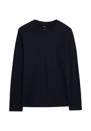 Prosty czarny t-shirt z długim rękawem i okrągłym dekoltem, wykonany z miękkiego materiału, prezentowany na białym tle.