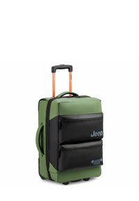 Valigia a rotelle con esterno in tessuto verde, tasche frontali nere, manico arancione retrattile e ruote durevoli. Logo Jeep visibile.