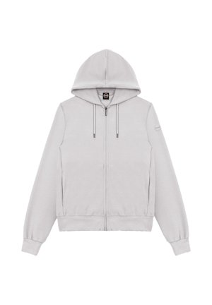Světlě šedá mikina na zip s kapucí a šňůrkami, dlouhými rukávy s žebrovanými manžetami a bočními kapsami, zobrazena na bílém pozadí.