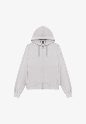 Sweat à capuche gris clair zippé avec cordons, manches longues avec poignets côtelés et poches latérales, présenté sur un fond blanc.