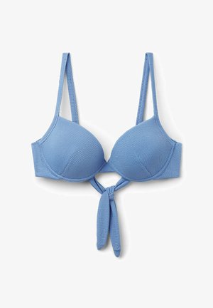 Sostenedor azul texturizado con copas acolchadas, tirantes finos y detalle de nudo en la parte frontal. La tela presenta un patrón acanalado para una mayor dimensión.