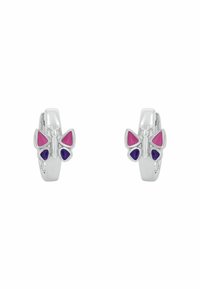 Pendientes de aro de plata con diseños de mariposas y acentos de esmalte en rosa y púrpura. Textura suave con un acabado pulido.