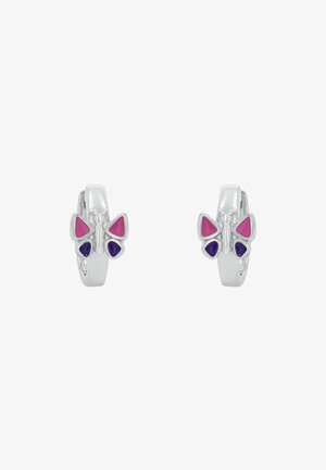 Boucles d'oreilles en argent en forme de boucle, ornées de motifs de papillons avec des accents en émail rose et violet. Texture lisse avec finition polie.