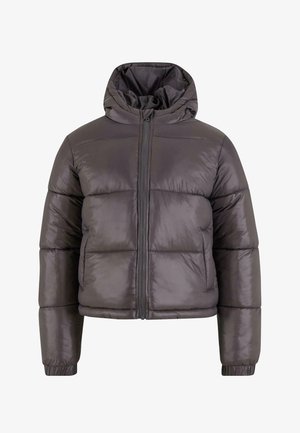 Kurtka puchowa w ciemnoszarym kolorze z kapturem, z zamkiem z przodu, pikowaną teksturą, elastycznymi mankietami i dwiema bocznymi kieszeniami.