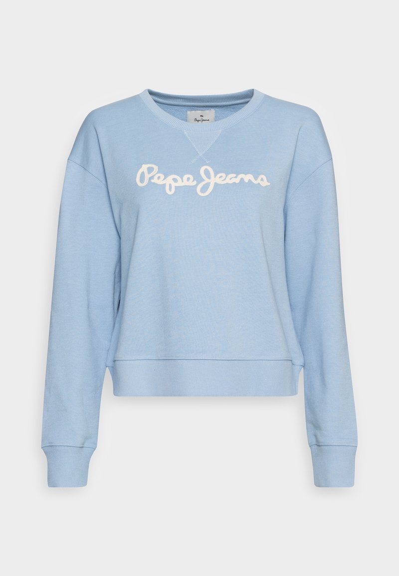 Light blue sweatshirt with a round neckline, drop shoulders, and white embroidered "Pepe Jeans" logo on the front. Textured fabric, ribbed cuffs.