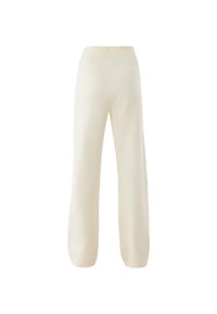 Pantalones blancos de pierna ancha, hechos de una tela suave y texturizada, con una cinturilla elástica alta. Presentan un diseño minimalista sin cierres visibles.