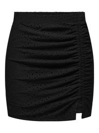 Zwarte mini-jurk met een getextureerd gaatjespatroon, geplooide zijkanten en een zijsplit. Gemaakt van lichte stof met een aansluitend design.