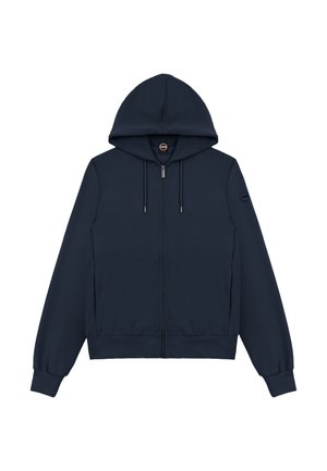 Marineblå hættetrøje med lynlås, snoretræk, lange ærmer, ribstrikkede manchetter og kant samt et lille rundt logo på venstre ærme.