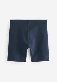 Boxer da bagno in cotone elasticizzato blu navy con vita senza cuciture e design aderente, caratterizzati da una superficie liscia e senza motivi visibili.