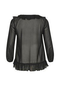 Sort gennemsigtig bluse med lange ærmer, flæset halsudskæring og flæset kant. Glat tekstur med transparent stof. Enkel design uden mønstre.