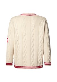 Suéter de malha em cream com colarinho, punhos e barra em riscas vermelhas, apresentando o número "3" em vermelho na manga esquerda.