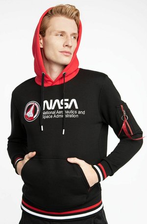 Black hoodie with red accents and a large NASA logo. Features a front pocket and a zippered sleeve pocket. Soft fabric texture.
