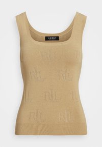 Béžový pletený top s kulatým výstřihem, zdobený celoplošným vzorem loga "RL" a žebrovaným lemem. Měkká textura, přiléhavý střih.