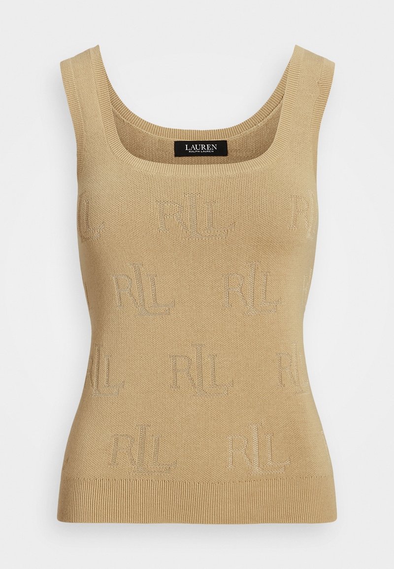 Béžový pletený top s kulatým výstřihem, zdobený celoplošným vzorem loga "RL" a žebrovaným lemem. Měkká textura, přiléhavý střih.