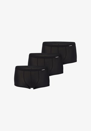 Mustat boxershortsit, kolmen kappaleen setti, valmistettu sileästä kankaasta, joissa on vartalonmyötäinen leikkaus, vaakasuora ribbikuvio ja pieni metallikoriste vyötärönauhassa.