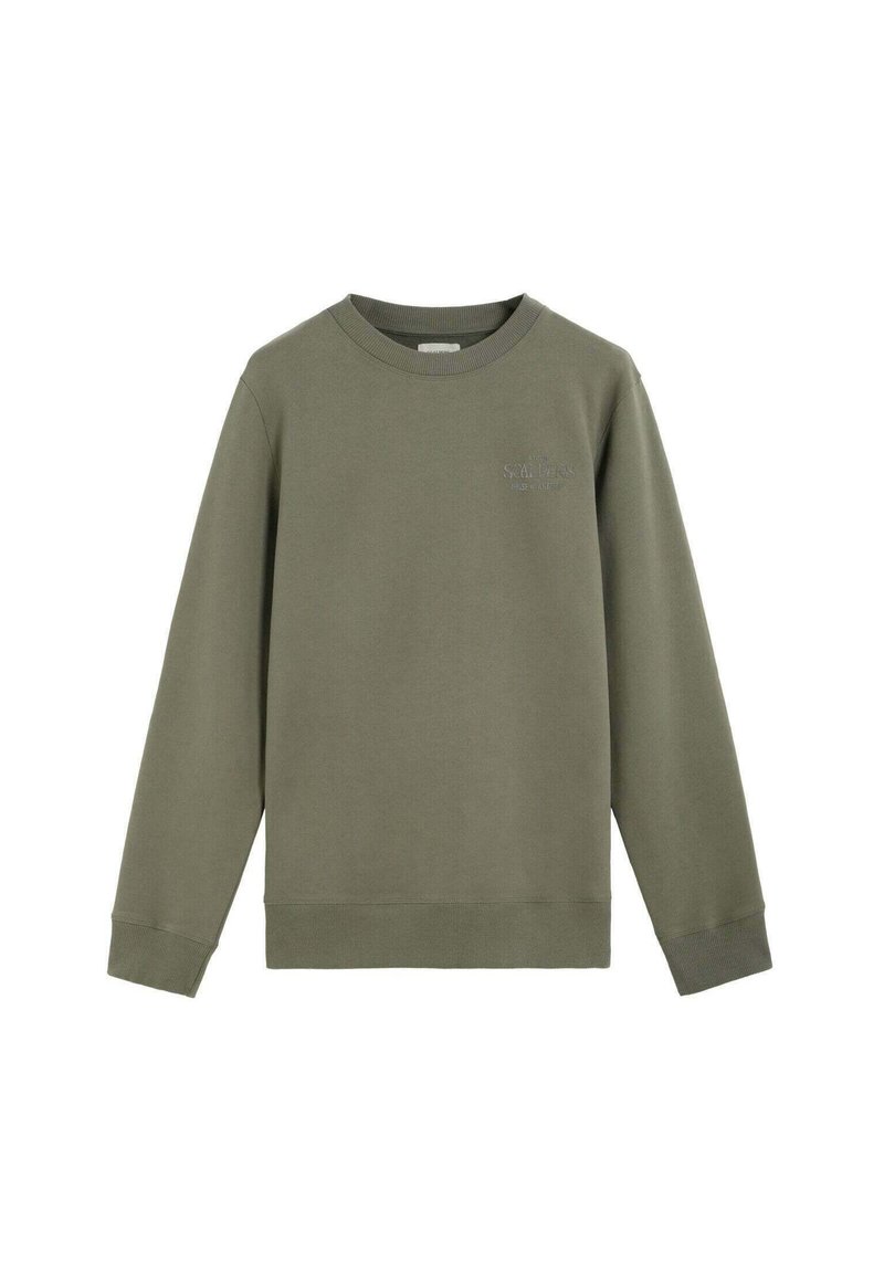 Sudadera verde oliva hecha de un tejido suave, con cuello redondo, mangas largas y puños de canalé, con un sutil logo en el frontal.