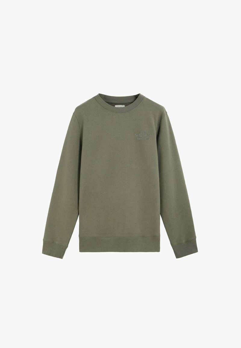 Sudadera verde oliva hecha de un tejido suave, con cuello redondo, mangas largas y puños de canalé, con un sutil logo en el frontal.
