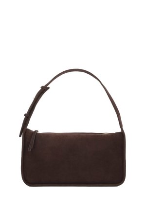 Dark brown rectangular suede handbag with a single top-zip closure and adjustable shoulder strap.