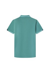 Zelené polo tričko s krátkým rukávem a bílými pruhy na límci a okrajích rukávů, zobrazené zezadu na bílém pozadí.