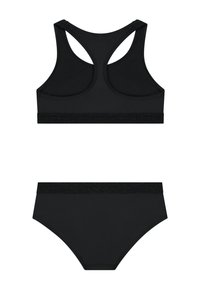 Set composto da reggiseno sportivo nero e bikini a vita alta, realizzato in tessuto liscio con una fascia nera glitterata in vita per entrambi i pezzi.