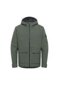 Green waterproof jacket with a hood, front zipper, two large front pockets, and a solid texture. Features a black accent on the sleeve.