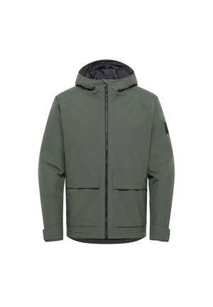 Veste imperméable verte avec capuche, fermeture éclair avant, deux grandes poches avant et une texture solide. Présente un accent noir sur la manche.