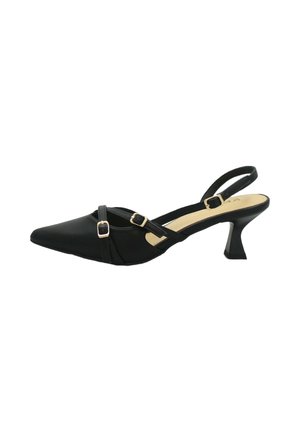 Décolleté slingback nero con punta a punta, due cinghie con fibbie dorate e tacco svasato di altezza media.
