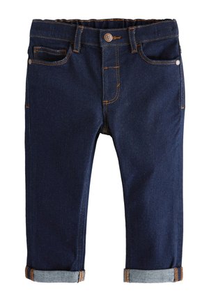 Mørkeblå, opsmøgede denimjeans med forlommer, bæltestropper og lukning med metalknap.