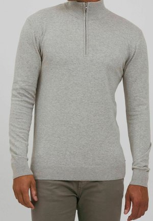 Hellgrauer Reißverschluss-Pullover mit langen Ärmeln, geripptem Kragen und Bündchen, aus einem weichen Strickmaterial gefertigt, lässiges Design ohne Muster.