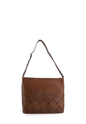 Brown leather shoulder bag featuring a woven pattern at the bottom, adjustable strap, and subtle branding embossed on the front.