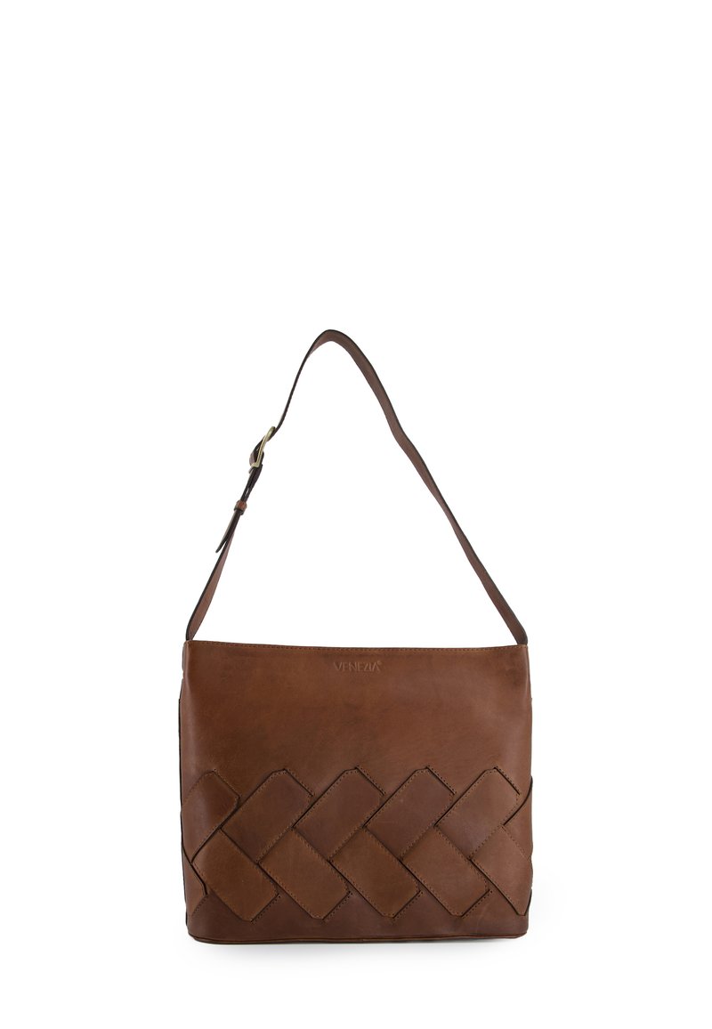 Brown leather shoulder bag featuring a woven pattern at the bottom, adjustable strap, and subtle branding embossed on the front.