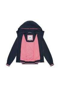 Granatowa kurtka z kapturem z różową siateczkową podszewką wewnętrzną, paskowanymi mankietami oraz metką "ragwear" wewnątrz kołnierza, rozmiar mały.