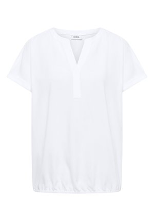 Blusa bianca a maniche corte con scollo a V a tacca e orlo elasticizzato del marchio CECIL, esposta su uno sfondo neutro.